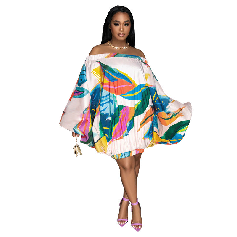 Spring Summer Off Shoulder Loose Elastic Printing Batwing Shirt Long Sleeve Dress