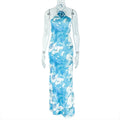 Fresh Women Clothing Elegant Backless Halter Hip Elegant Blue White Abstract Printing Maxi Dress