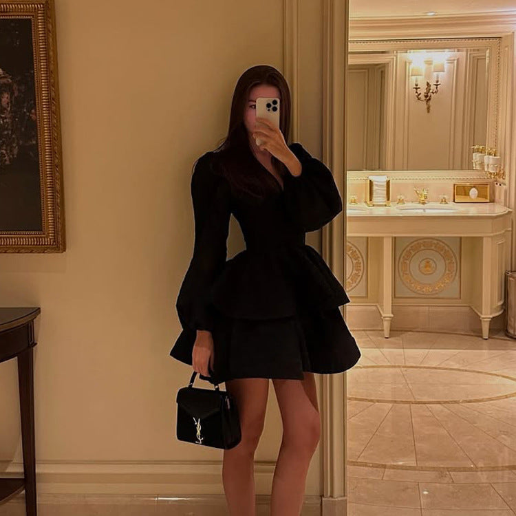 Women Clothing Spring Autumn Puff Sleeve A line Dress V neck Waist-Controlled Black Pettiskirt