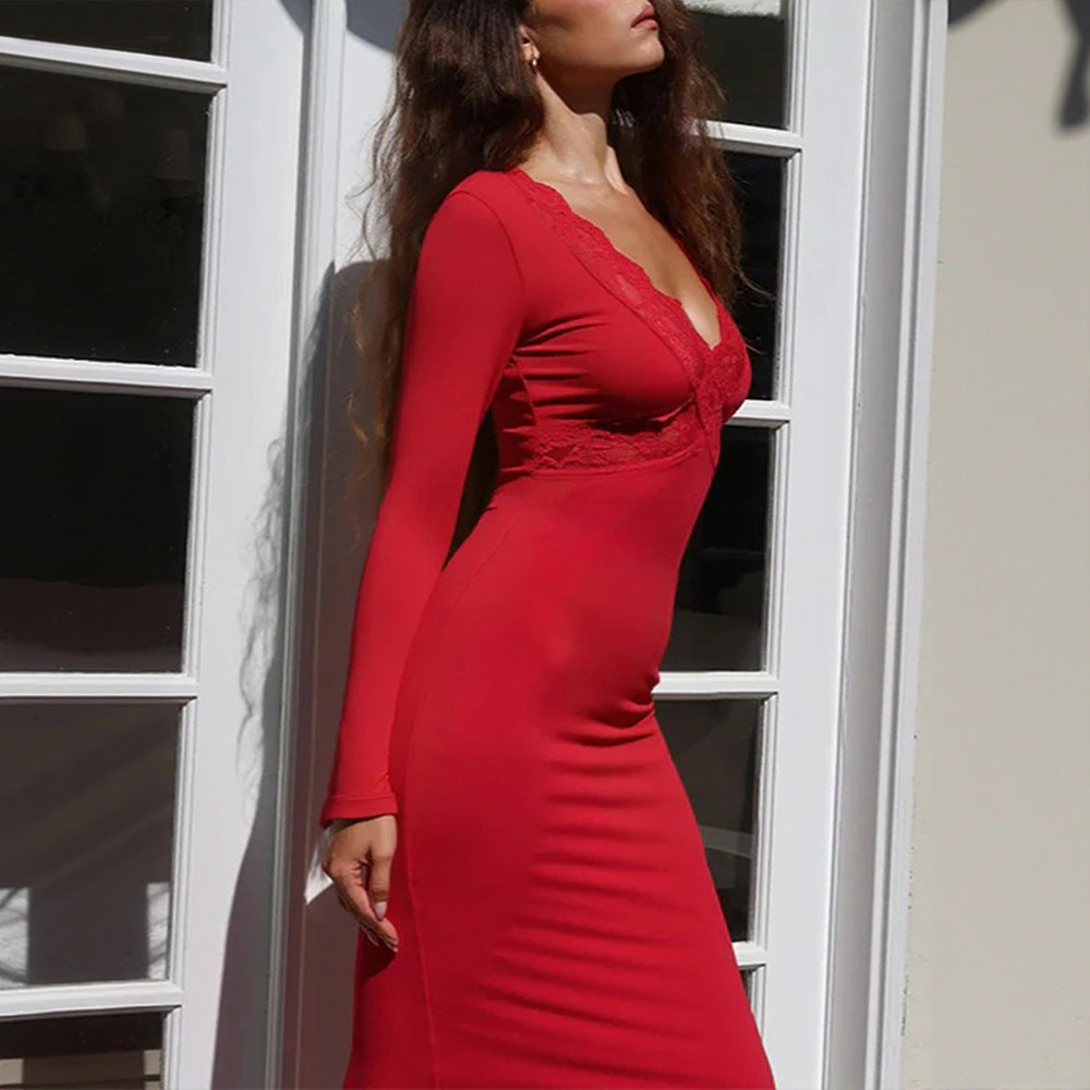 Red V neck Lace Stitching Long Sleeved Slim Fit Sheath Fishtail Dress Elegant Sexy Dress