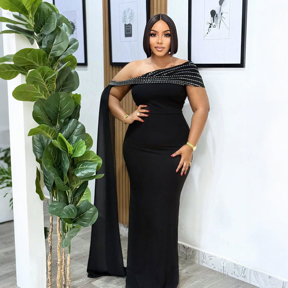 Sloping Shoulder Dress Sexy Sheath Slim Dress Maxi Dress Women