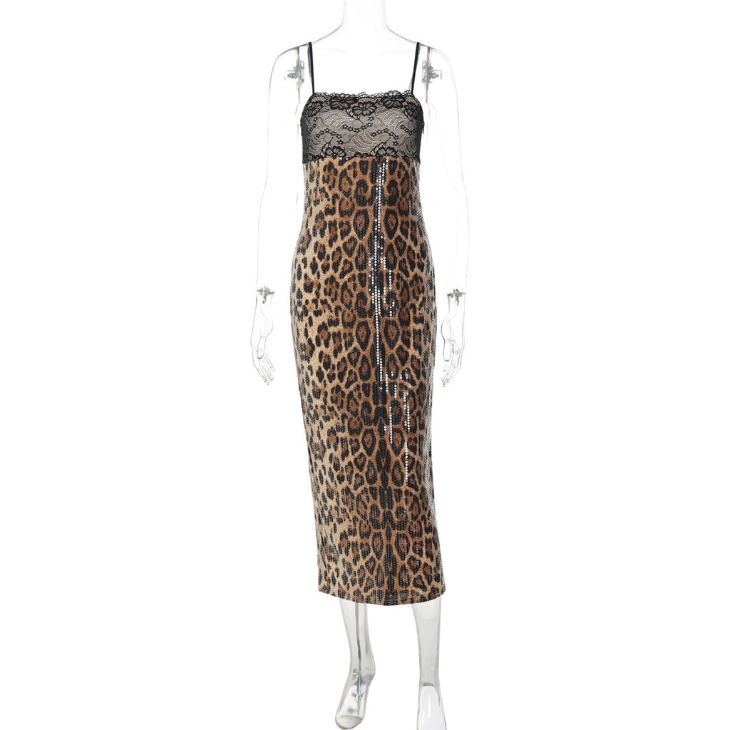 Fall Women Clothing Lace Patchwork Slit Bandeau Sling Leopard Print Dress