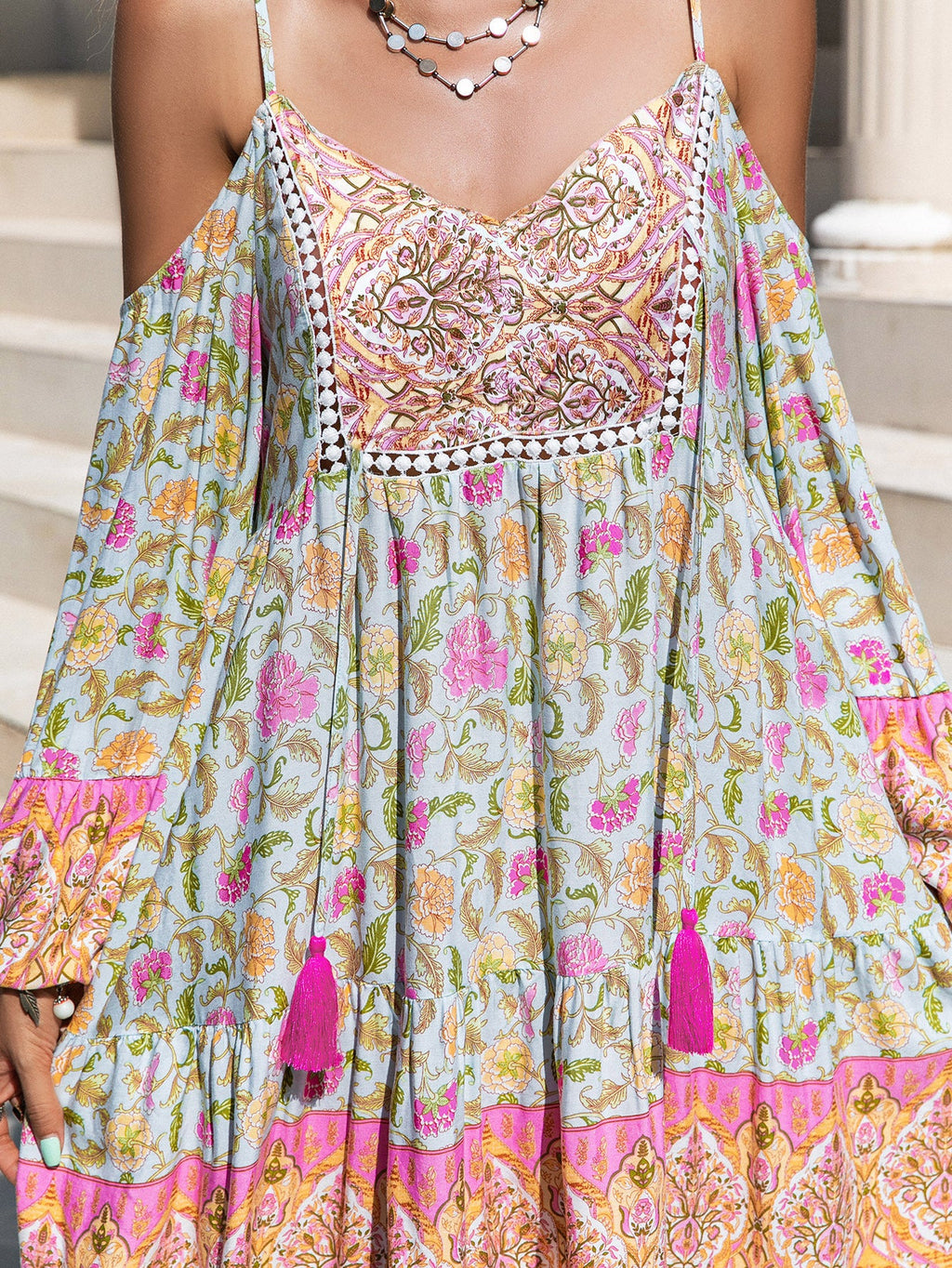 Loose Printed Off Shoulder Tassel Dress Vacation