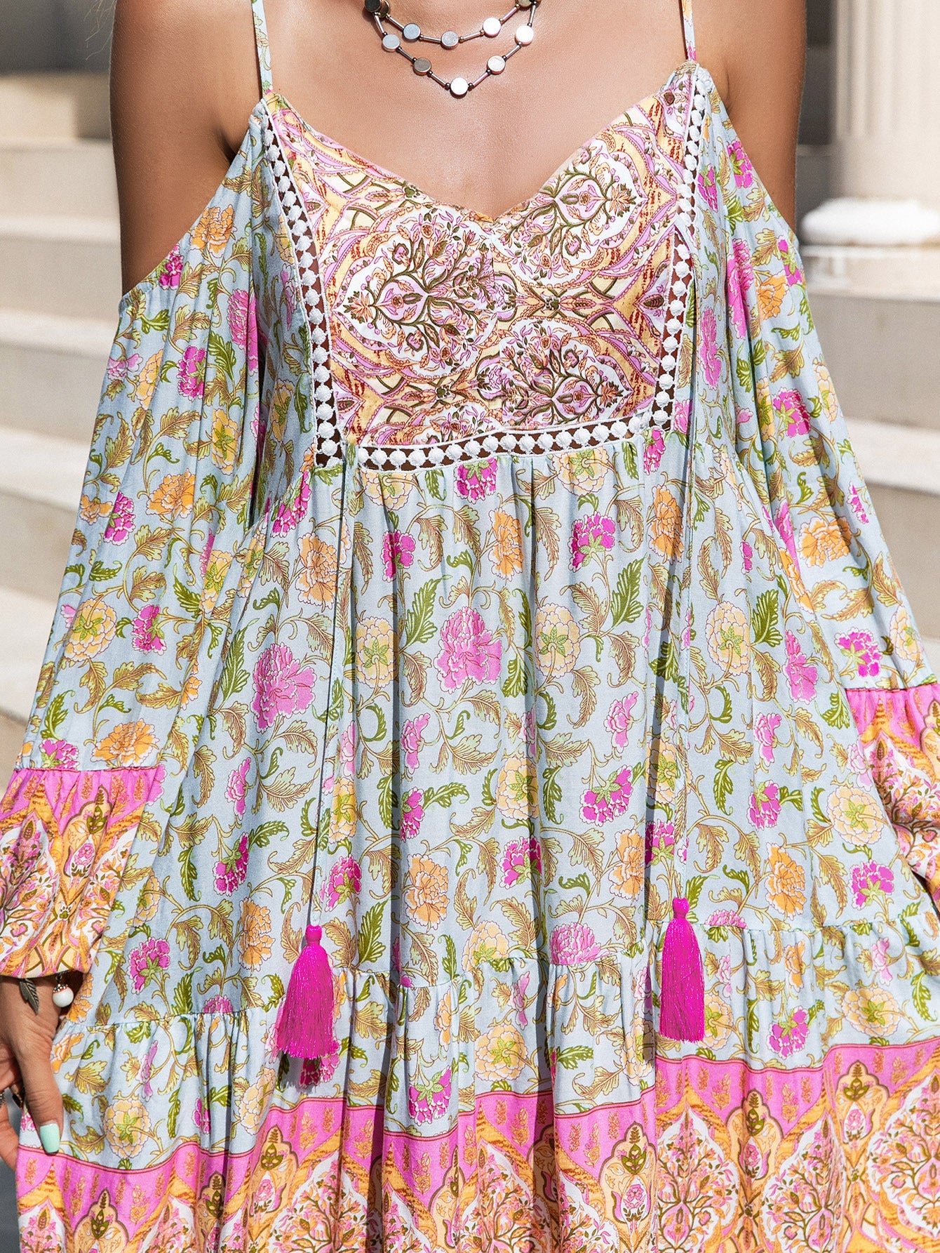 Loose Printed Off Shoulder Tassel Dress Vacation