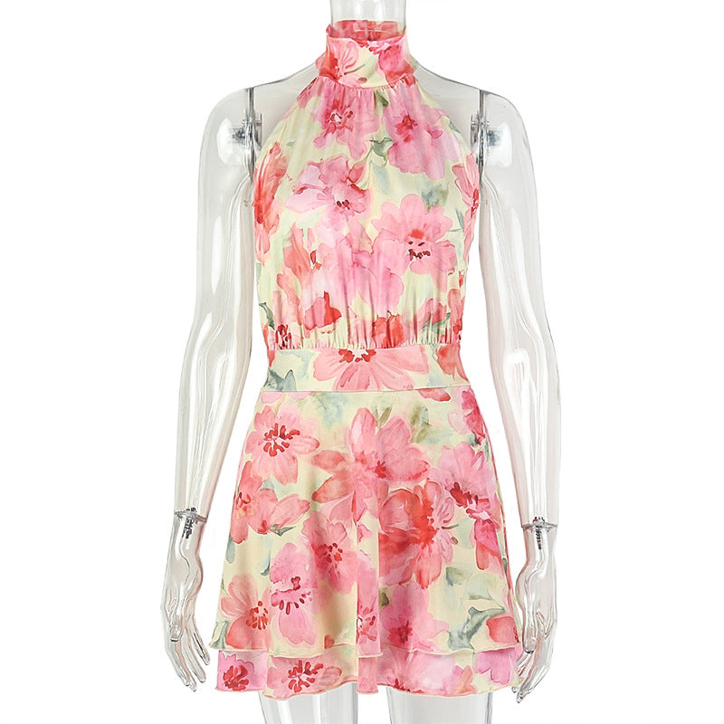 Printed Sweet Women Home Waist A line Dress Soft Holiday Turtleneck Sleeveless Dress