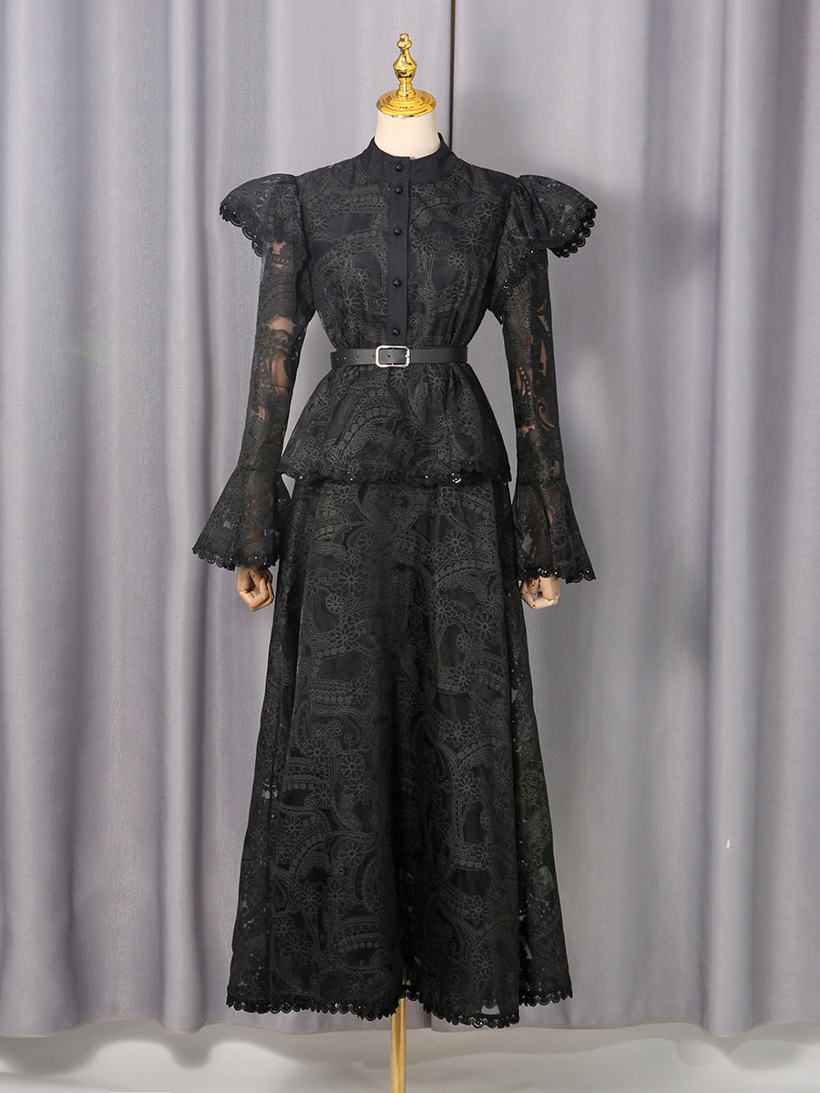 Spring French Cutout Lace Stitching Court Waist Slimming Elegant Dress for Women