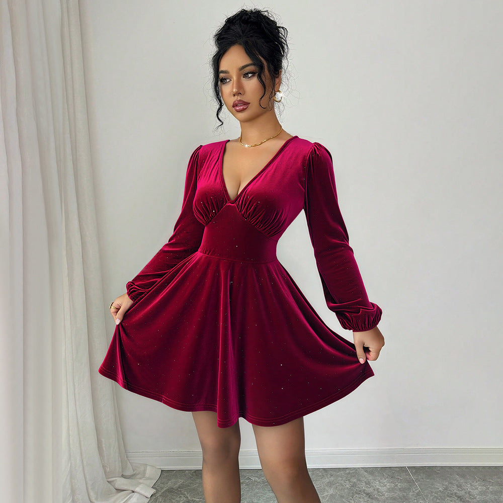 Retro Socialite Christmas Wine Red Velvet V neck Lantern Sleeve Slim Slimming A line Pleated Short Dress