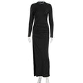 Early Autumn Women Clothing Long Sleeve Dress Lace up Slimming Slit Metal Decorative Maxi Dress Women