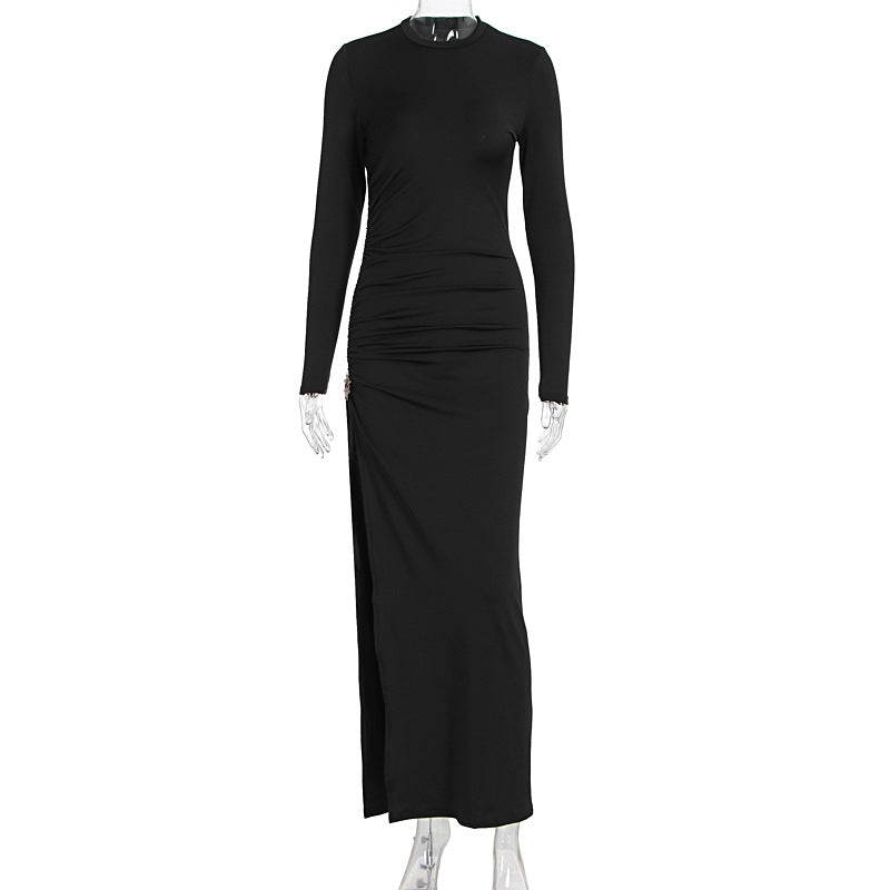 Early Autumn Women Clothing Long Sleeve Dress Lace up Slimming Slit Metal Decorative Maxi Dress Women