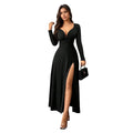Retro Deep V Plunge neck Long Sleeve Split Black Large Swing Dress Women Slim Waist Elegant Formal Dress