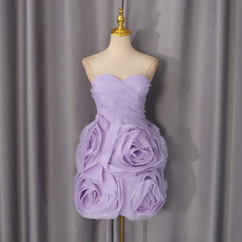 Spring Sleeveless Solid Color Tube Top Short Dress Three Dimensional Floral High Waist Slim Sexy Dress Women