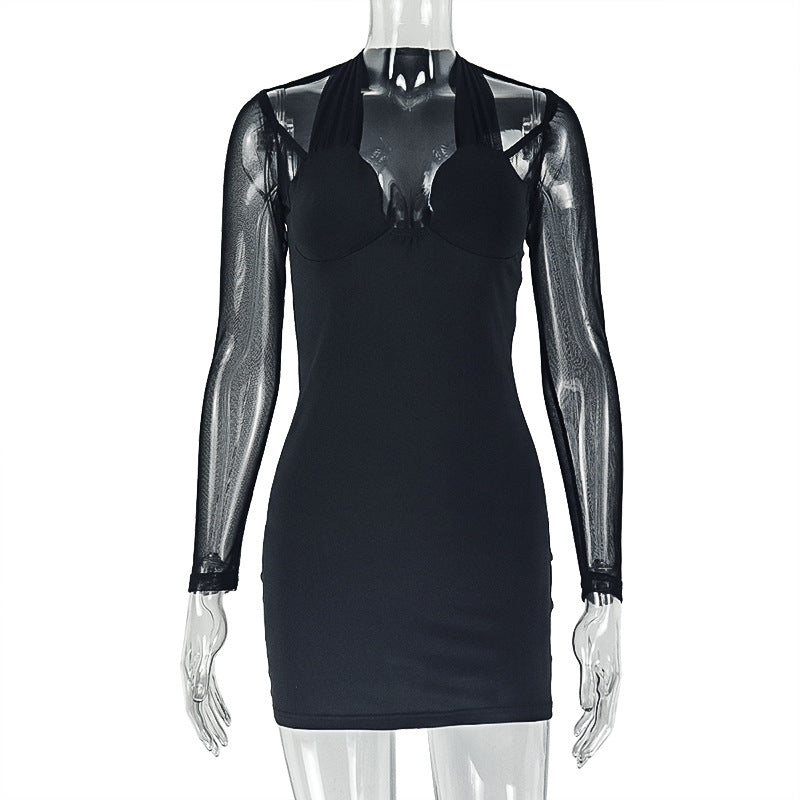 Solid Color Slim Fit Women Clothing Sexy Patchwork Socialite Hip Dress Wrapped Chest Mesh Long Sleeve Short Dress