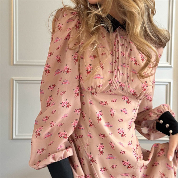 Printing Color Contrast French Dress Women Design Pleated Collared Long Sleeve High Waist A line Dress