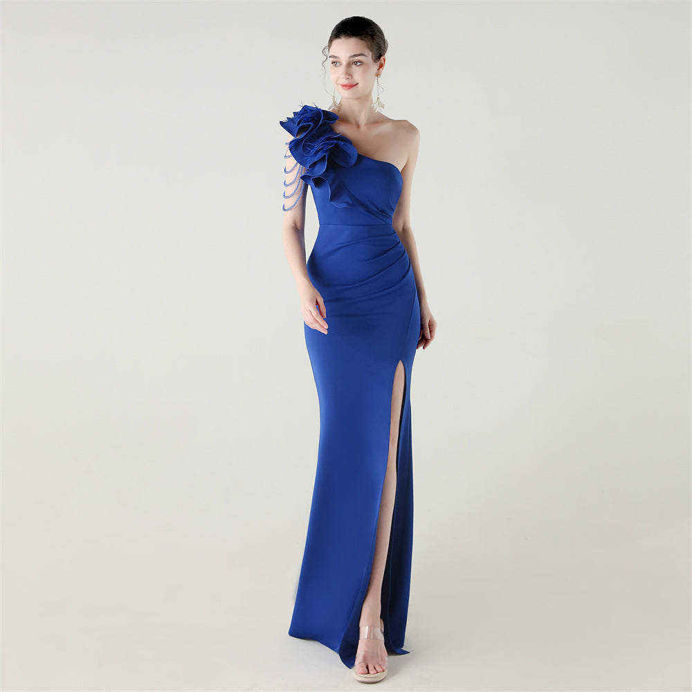 Single Shoulder Craft Beaded Nail Hair Wave Floral Satin High Slit Sexy Evening Dress Evening Cocktail Wedding