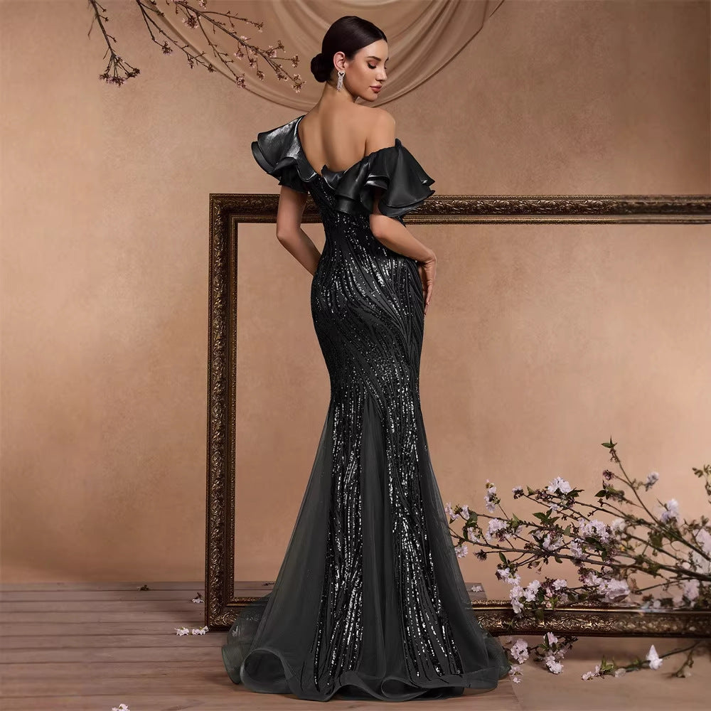 Elegant Ruffle Sleeve Sequin Elegant Cocktail Party Dinner Dress Backless Luxury Fishtail Graduation Evening