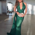 Spring Autumn Sequined Halter Split Dress Casual Party Stretch Dress
