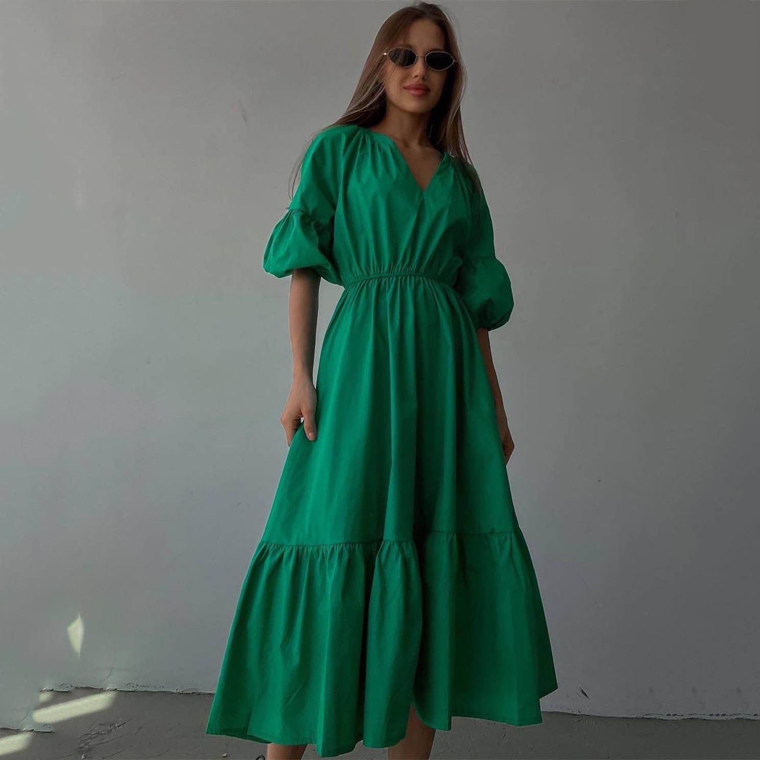 V neck Dress Office High Waist French Half Sleeve A line Dress Women Casual Dress Summer