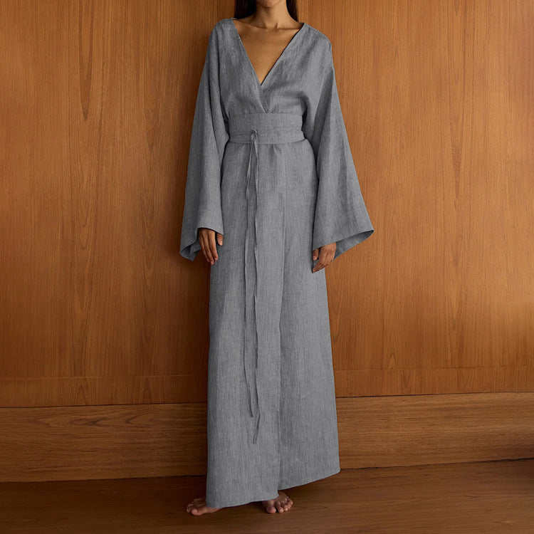 Casual Cross Design Lace up Dress Women V neck Long Sleeve Split High Waist Maxi Dress