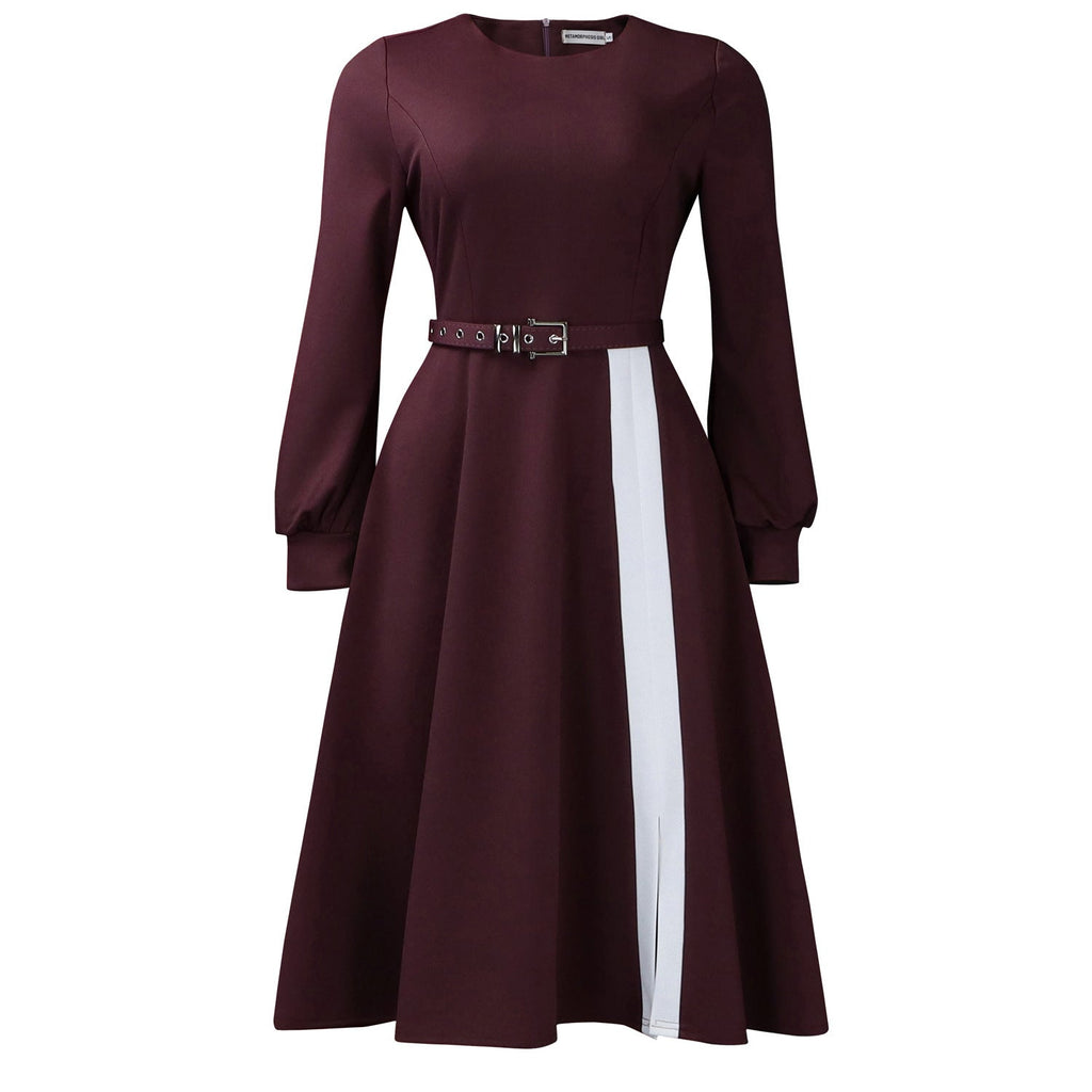 Women Clothing Long Sleeve round Neck Solid Color High Waist Elegant Spliced African Dress