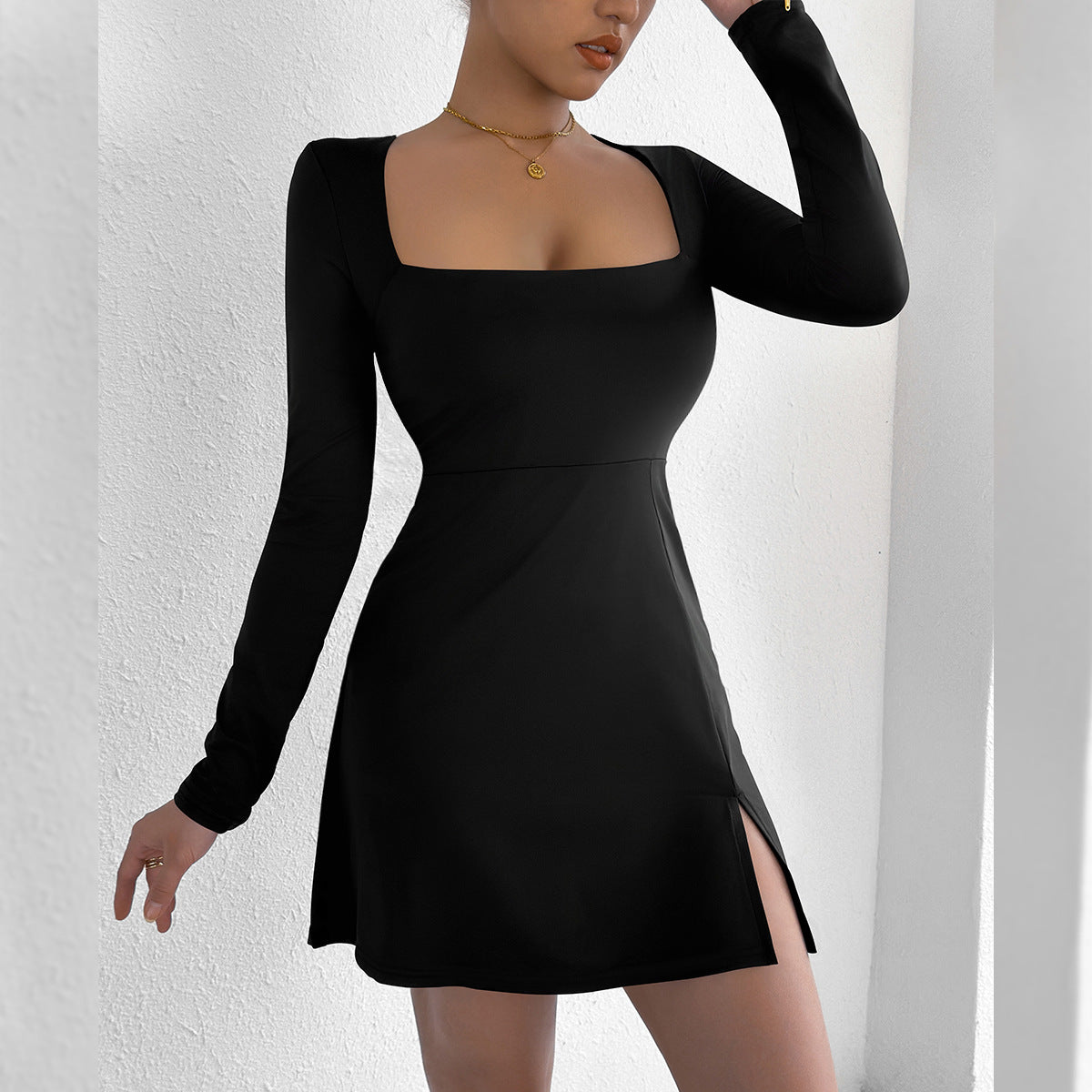 Women Clothing Square Collar Tight Long Sleeve Slit Flared Mini Sexy Dress