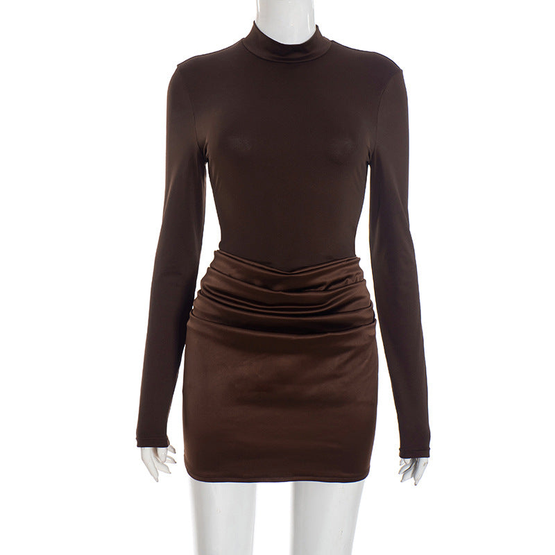 Women Clothing Autumn Winter Graceful Fashionable Half Turtleneck Tight Expensive Satin Pleated Dress