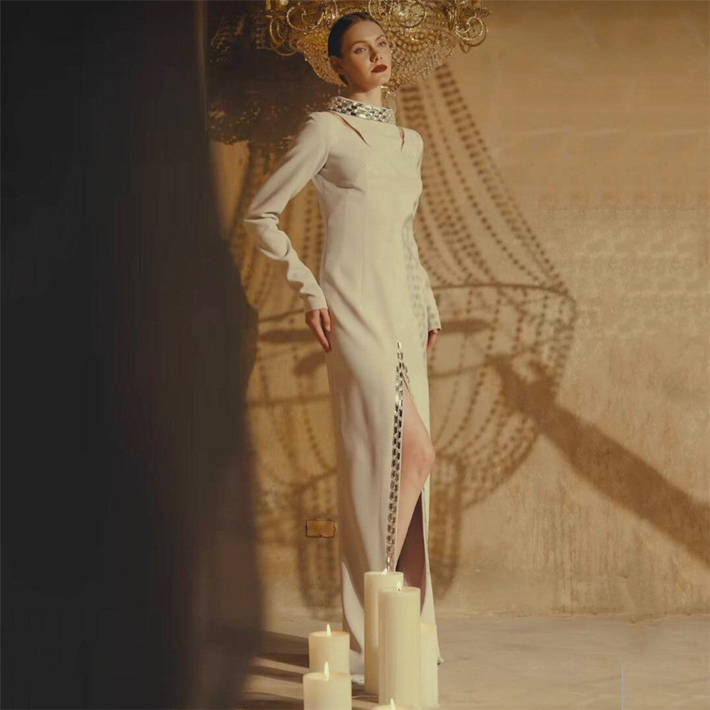Bead Long Sleeve Bandage One Piece Dress Ladies Party Elegant Graceful Formal Dress