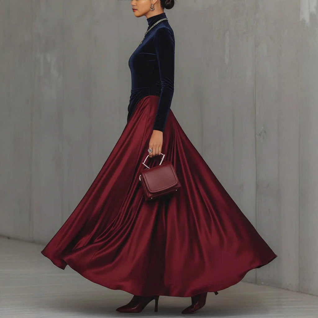 Spring Elegant Big Hem Umbrella Velvet Stitching Contrast Color Turtleneck Dress