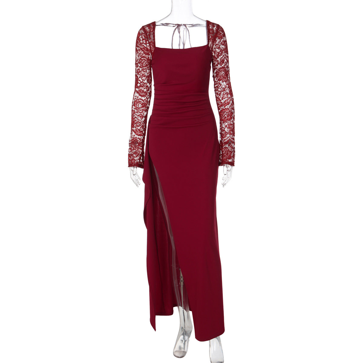 Women Clothing Winter Lace Long Sleeve Sexy Backless Slim Fit Slit Dress for Women