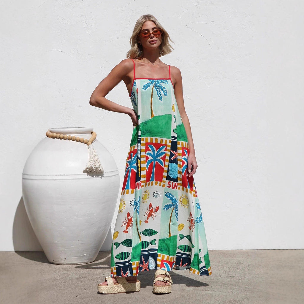 Spring Summer Loose Casual Print off Neck Strap Dress Vacation Dress