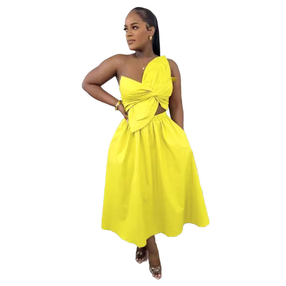 Sexy Solid Color Smocking One Shoulder Petal Hollow Out Cutout out Dress