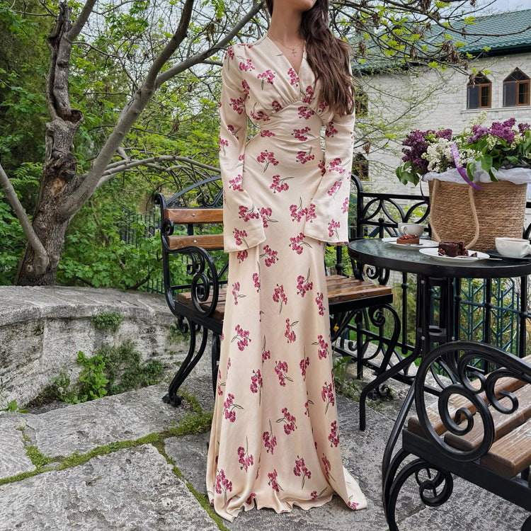 Women Clothing Spring Autumn Elegant Printed Satin Dress V neck Long Sleeve Lace up High Grade Dress