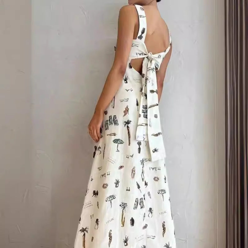 Bow Bandage Summer Maxi Dress Women Cothing Printed Sleeveless Office Long Suspender Amplified craft