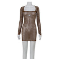 Arrival Women Clothing Square Collar Long Sleeve Rhinestone Affordable Luxury Sexy Dress High Waist Short Dress for Women