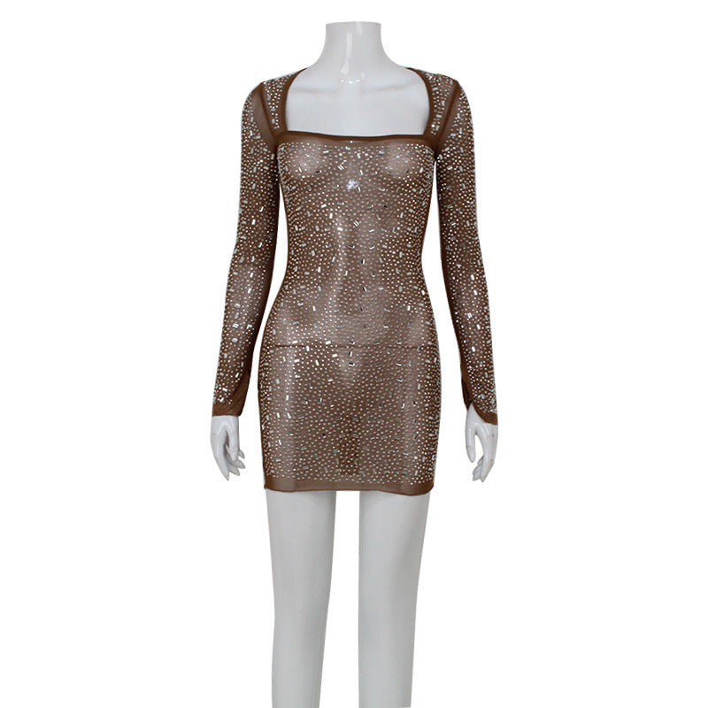 Arrival Women Clothing Square Collar Long Sleeve Rhinestone Affordable Luxury Sexy Dress High Waist Short Dress for Women