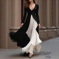 Long Sleeve V neck Slim Waist Dress French Black White Color Contrast Patchwork Large Swing Dress