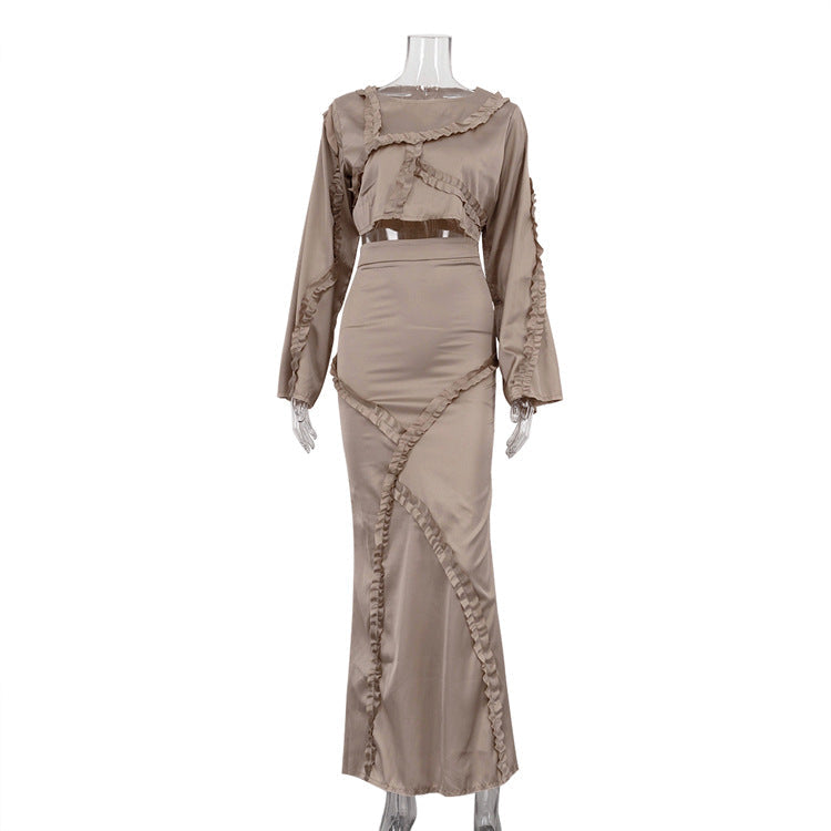 Graceful Fashionable Set Women Irregular Asymmetric Design Ruffled Long Sleeved Top Hip Skirt Two Piece Set