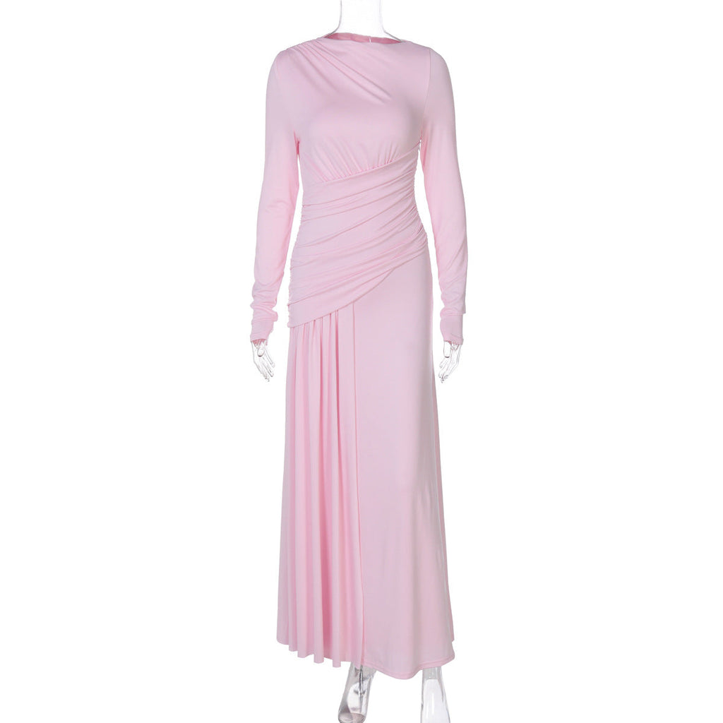 Women Clothing Summer Elegant Slim Pleated Zipper round Neck Long Sleeved Dress