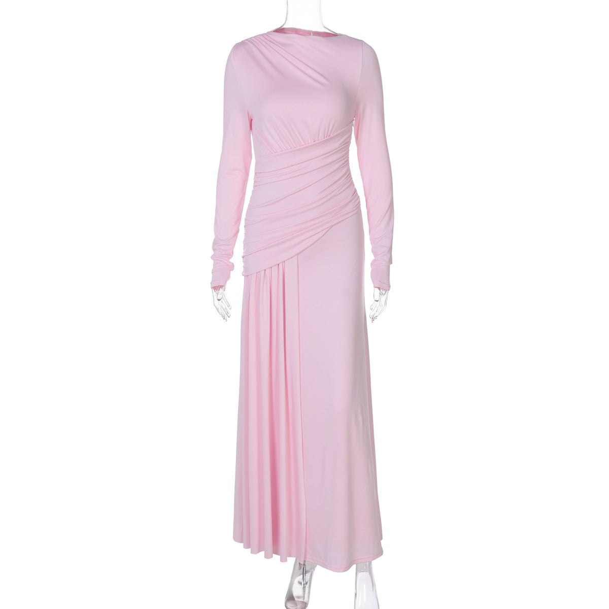 Women Clothing Summer Elegant Slim Pleated Zipper round Neck Long Sleeved Dress