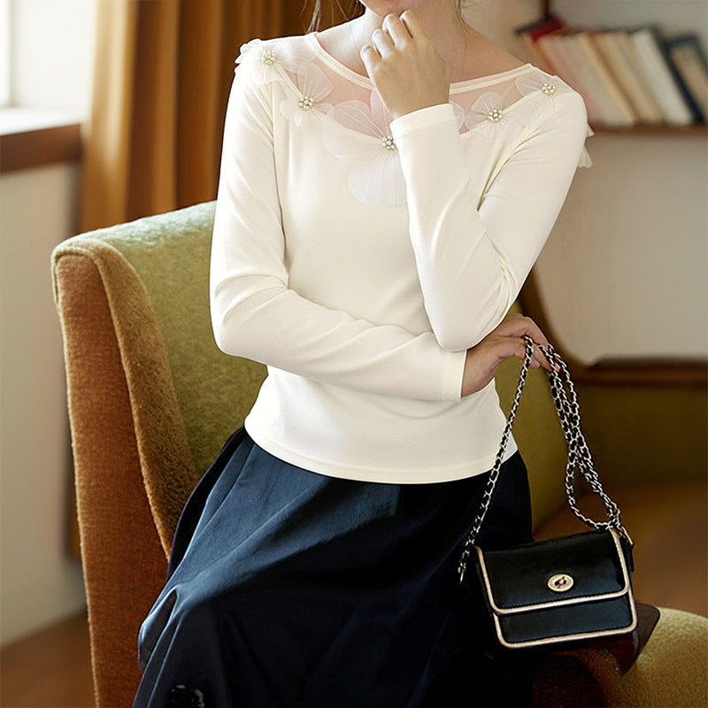 Spring Autumn Elegant Office Slim Fit Three Dimensional Floral Mesh Stitching Solid Color Top Women