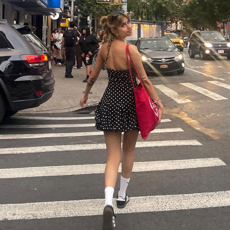 Sweet Little Short Dress Polka Dot Printed Waist Controlled Tube Top Halter Dress