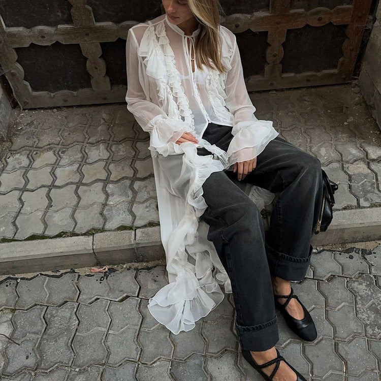 Women Clothing Design Ruffled Chiffon Dress Sexy Sheer Long Sleeve Single Breasted Sexy Dress