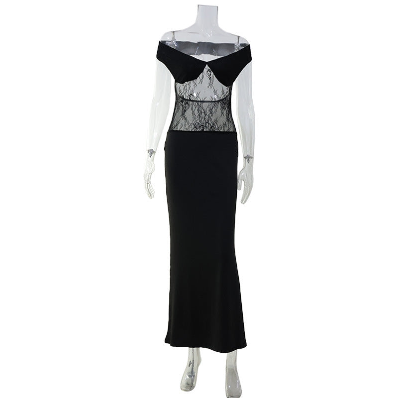 Black French Sexy Lace Stitching Sexy off Shoulder Slim Sheath Dress for Women