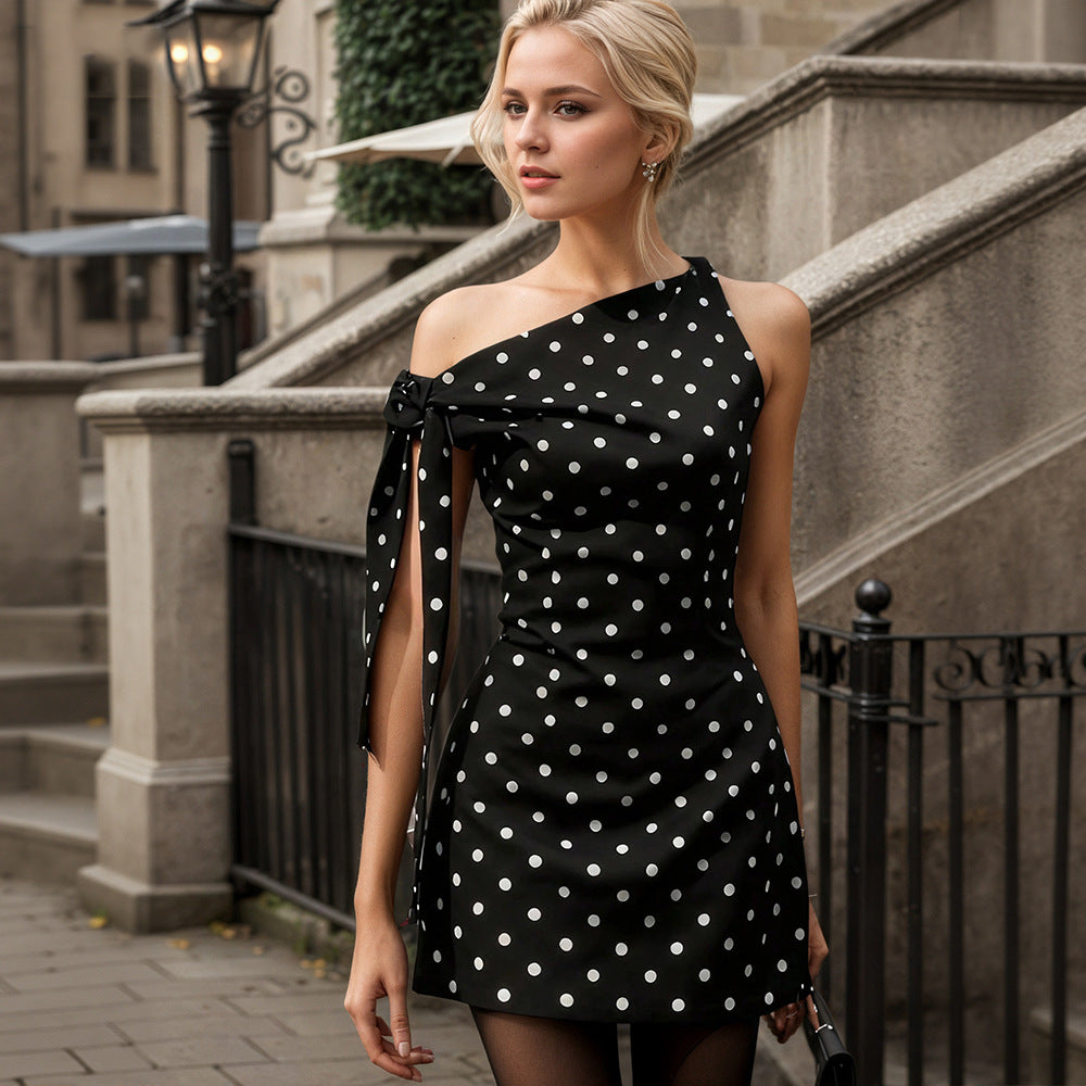 Women Summer Retro Dots Sleeveless Slim Fit One Side Lace off Shoulder Short Dress