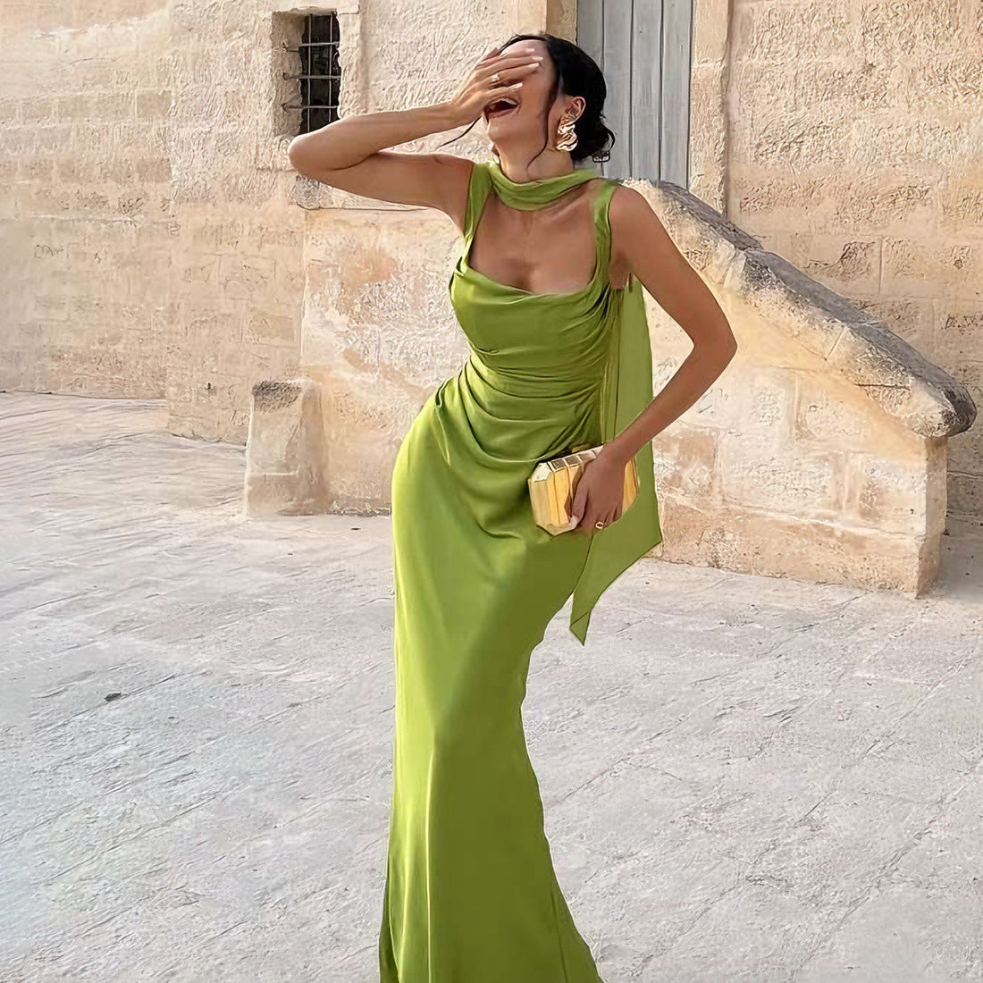 Spring Women Clothing Solid Color Square Collar Slim Fit Backless Pleated Dress