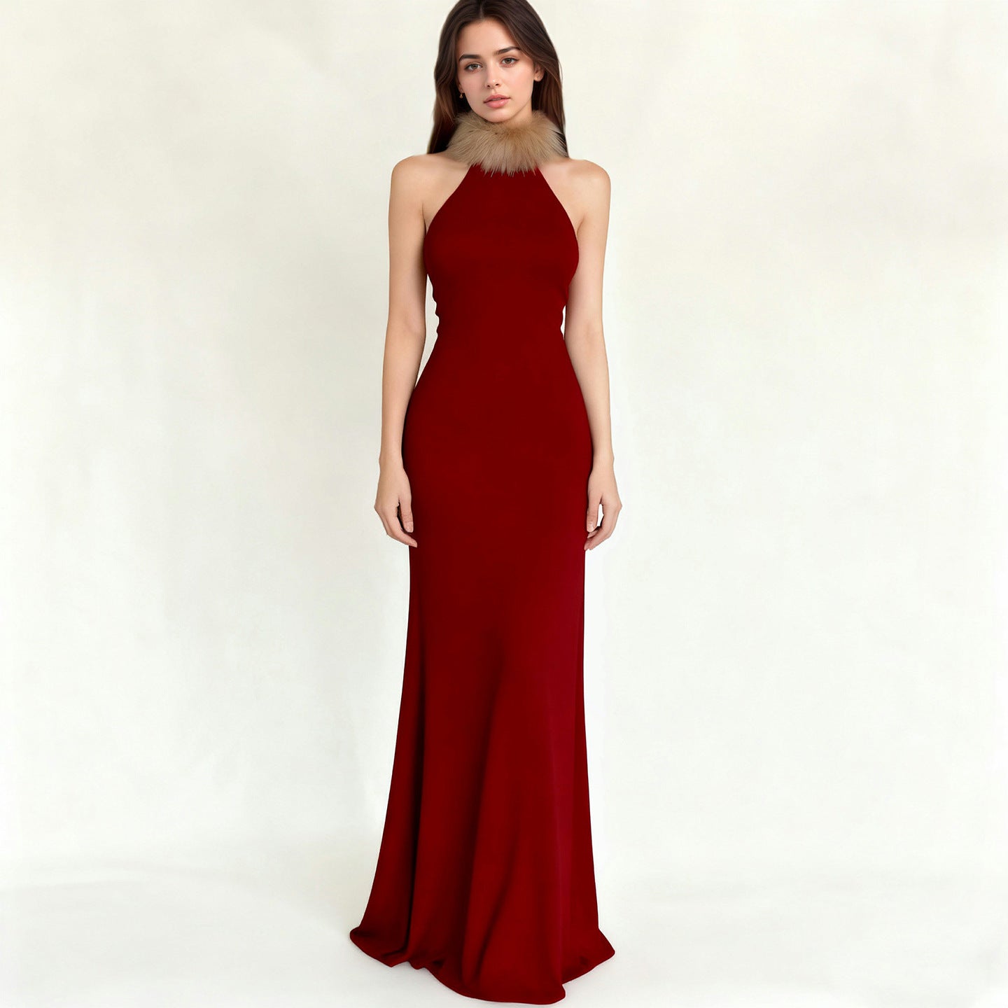 Retro Christmas Red Fur Stitching Contrast Color Vest Maxi Dress Elegant Slim Mop Evening Dress Annual Party Dress