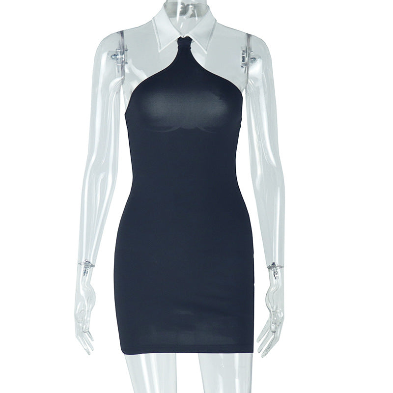 Women Wear Backless Slim Fit Solid Color Hip Sleeveless Mid Waist Halter Blouse Collar Dress