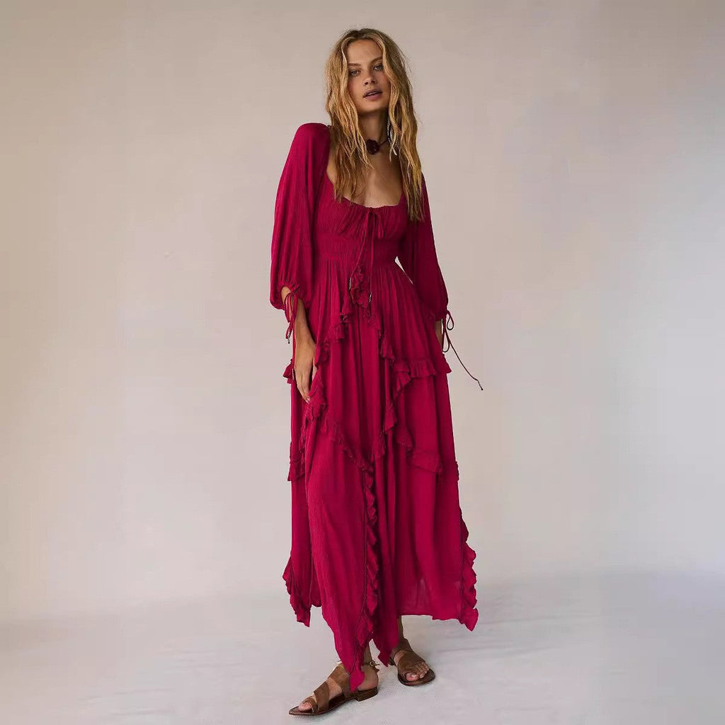 Fall U Collar Ruffled Lace Patchwork Slit Gentle Large Swing Dress Dress
