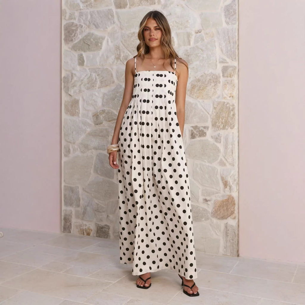 Summer Polka Dot Printed Pleated Craft Sweet Spaghetti Strap Mid Length Dress