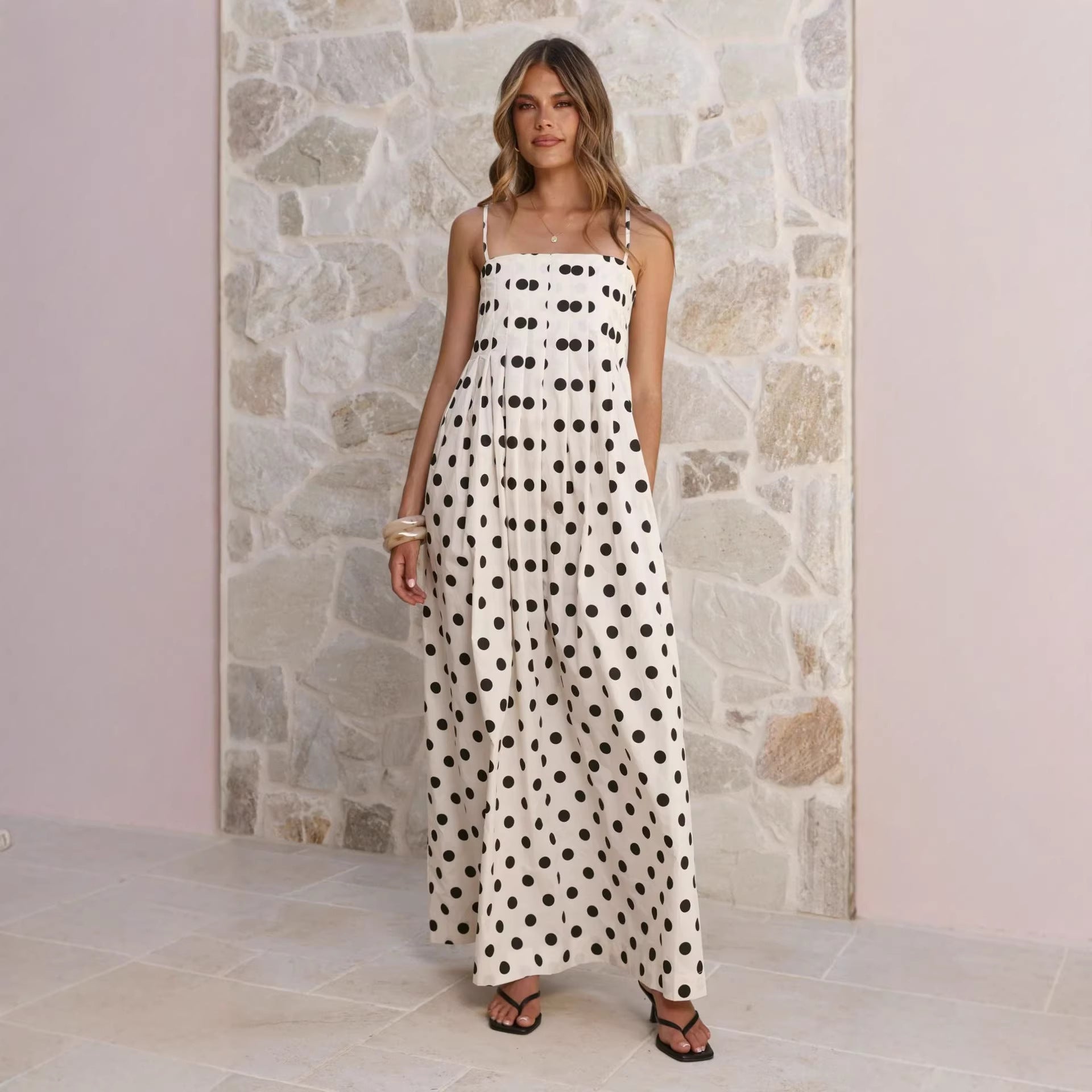 Summer Polka Dot Printed Pleated Craft Sweet Spaghetti Strap Mid Length Dress