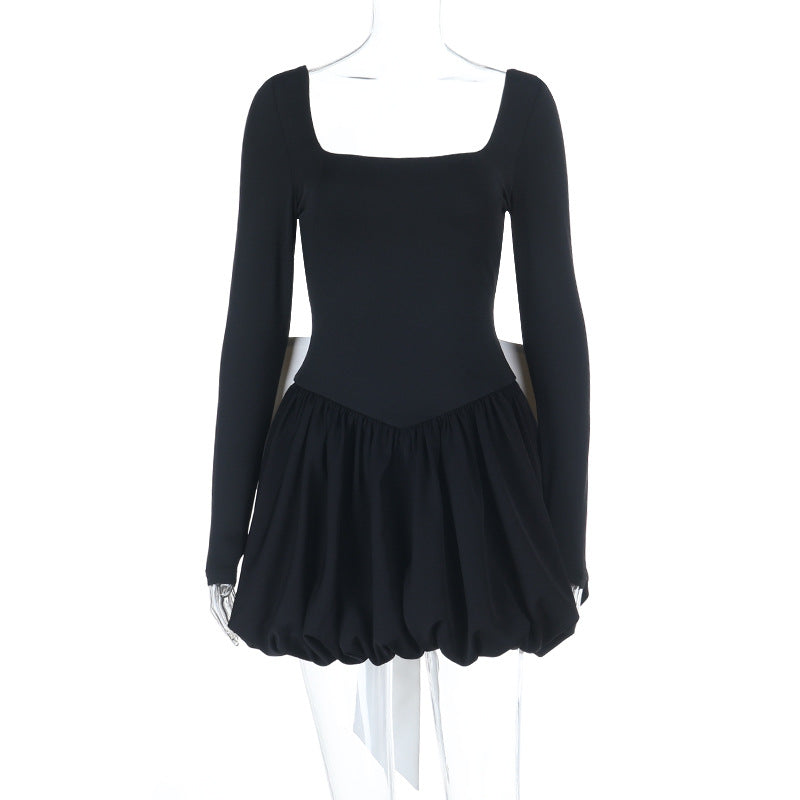 Sexy Square Neck Bow Dress Autumn Winter Contrast Color Sexy Bud